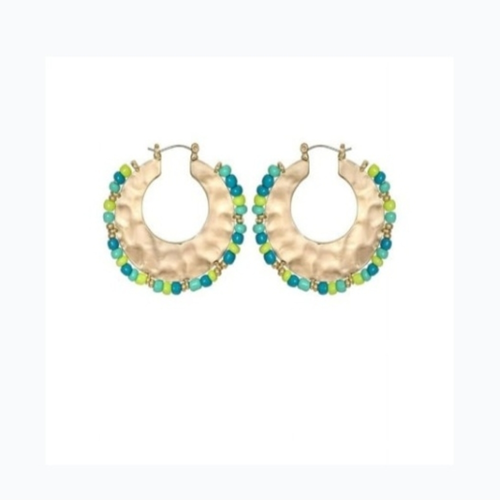 Gold and Blue Beaded Hoop Earrings